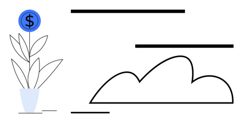 Money plant with a dollar sign symbolizing growth next to an abstract cloud. Ideal for finance, investment, sustainability, innovation, economy, business strategy, flat simple metaphor