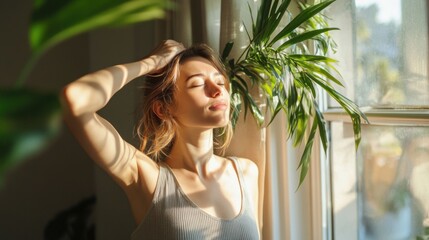 Fototapeta premium woman relaxing by window in sunlight