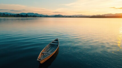 Serene summer sunset on a calm lake with a solitary boat tranquil nature scene scenic landscape view