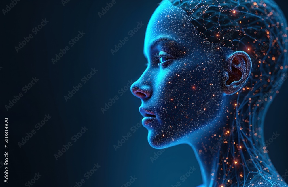 Aufkleber Concept of artificial intelligence. Human face in blue generative ai colors. Futuristic glowing face with neural network connections. Digital mind, technology, abstract science, cyber space, virtual