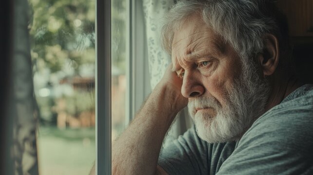 elderly man looking out window feeling sad and lonely - Powered by Adobe