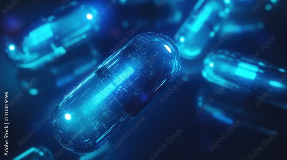 Aufkleber glowing blue capsules in a dark environment highlighting futuristic medical design and abstract tech
