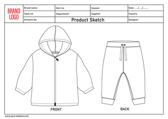 Hoodie and sweatpants technical drawing fashion flat sketch vector illustration template with tech pack details