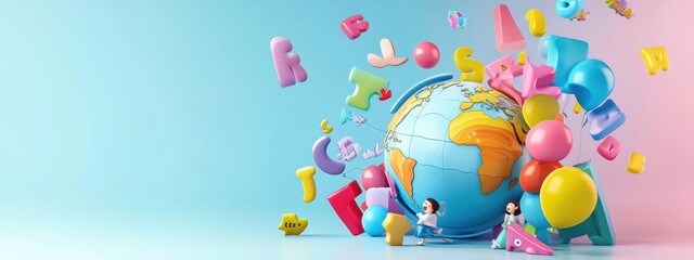 Global Learning Adventure: Kids Exploring the World with Colorful Letters and Balloons