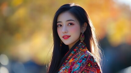 Naklejka premium Portrait of a Beautiful Woman in Traditional Bhutanese Dress