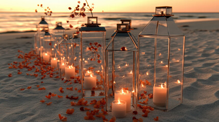romantic beachside dinner setup with lanterns and candles, surrounded by flower petals at sunset, creating warm and inviting atmosphere