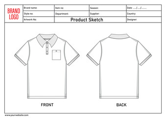 Polo shirt technical drawing template with tech pack details