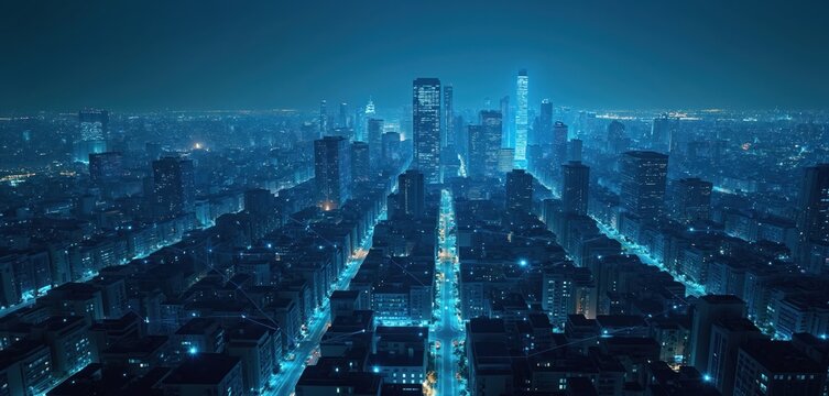 Night cityscape with illuminated buildings interconnected by digital network lines. Blue modern city with tech communication. Futuristic skyline, concept for smart city, big data, 5G, globalization.
