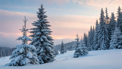 A serene winter landscape showcasing snow-covered trees under a soft pastel sky at sunset.