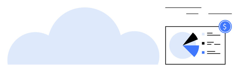Large cloud graphic with financial pie chart and dollar icon representing financial data analysis and cloud computing. Ideal for finance, business, technology, data management, analysis, cloud