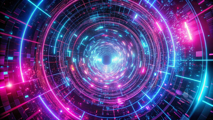 Fototapeta premium Swirling Neon Tunnel of Digital Nodes