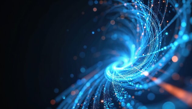 Dynamic swirling strands of blue light create abstract composition. Varying intensities evoke energy flow. Tech innovation background with glow, movement. Vibrant lines form smooth curves for modern