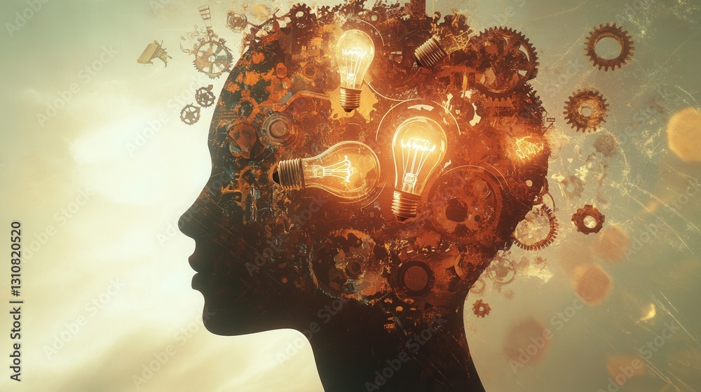 Aufkleber silhouette of a human head with floating creative symbols representing imagination and innovation ag