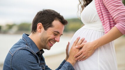A joyful couple shares a tender moment by the water, celebrating their pregnancy with love and anticipation.