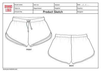 Shorts pant vector illustration template with tech pack details