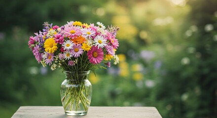 A charming bouquet of wildflowers in a clear glass vase, set on a wooden table against a lush green garden backdrop, radiating natural beauty, freshness, and countryside elegance.