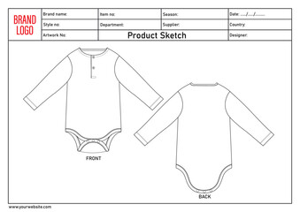 Romper bodysuit technical drawing fashion flat sketch vector illustration template with tech pack details