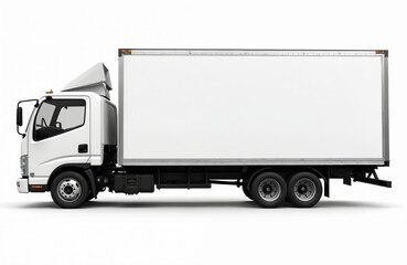 Illustration of white truck with blank container on white background. Commercial vehicle for freight transportation, cargo delivery. Lorry mockup perfect for branding, advertising with spacious area