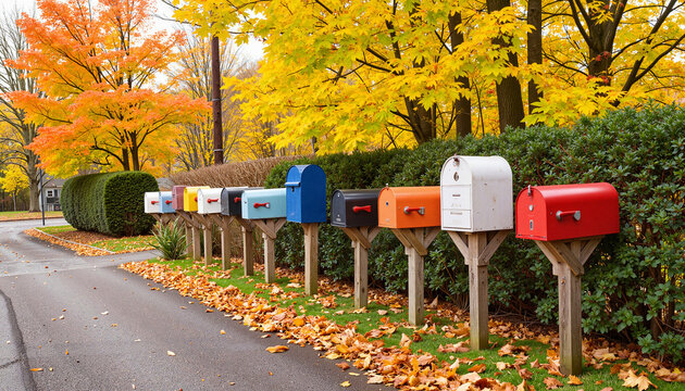 Colorful mailboxes lined on a path with autumn foliage