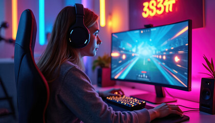 Immersive online gaming stream with dedicated gamer in action, interacting with viewers. Vibrant digital setup features computer, display, monitor, neon light. Tech entertainment, cybersport