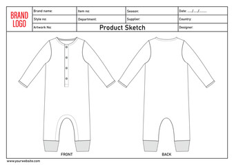 Overalls bodysuit technical drawing fashion flat sketch vector illustration template for kids with tech pack details