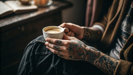 A person sits relaxed with a tattooed hand holding a cup of coffee, surrounded by a cozy atmosphere with a book nearby.