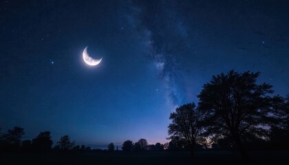 Naklejka premium A starry night scene with a crescent moon and clear constellations against dark blue sky. Silhouette of trees at night, Milky Way, dreamy mystical atmosphere with shining stars.