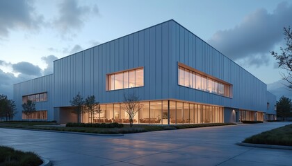 Obraz premium Exterior view of modern commercial facility at dusk with glass walls, large windows. Contemporary corporate R, D building, business headquarter. Urban office concept with parking, green landscape.