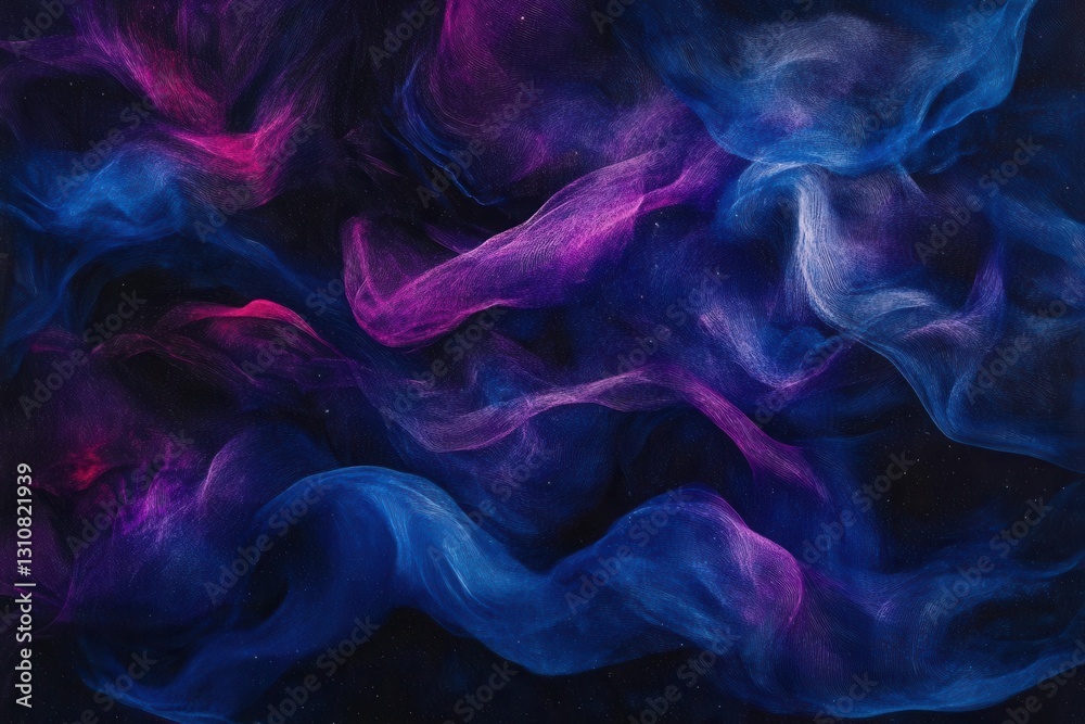Wall mural dark cosmic nebula swirling with deep blues, vibrant magentas, and rich purples against black space,