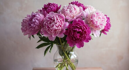 A stunning bouquet of pink and magenta peonies in full bloom, arranged in a clear glass vase with lush green leaves, set against a soft, neutral background.