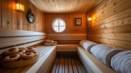 Cozy wooden sauna with donuts and towels.