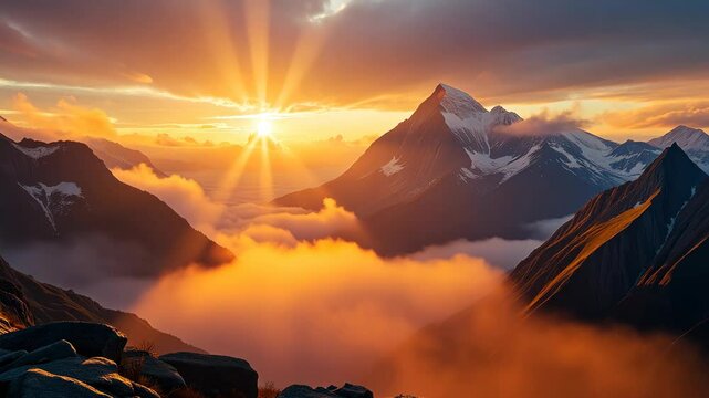 Majestic sunrise over snow-capped mountains with clouds in the valleys