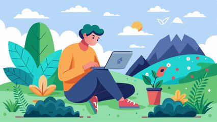 Fototapeta premium Investment Strategies An illustration of a digital nomad sketching investment ideas on a tablet while sitting on a hilltop surrounded by nature and a laptop.