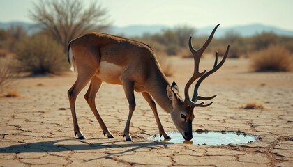 Lone deer quenches thirst in arid landscape. Antlered animal drinks from dwindling water source on dry cracked ground. Drought crisis, struggle for survival depicted in realistic nature photo.