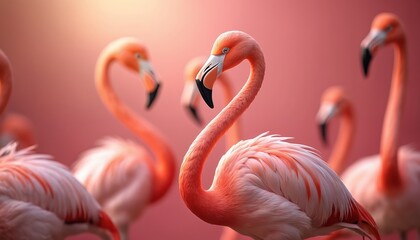Group of flamingo birds on pastel pink gradient background. Exotic pink flamingos with long necks and red, black curved beaks. Vacation mood, tropical nature with elegant birds.