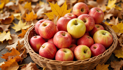 Basket of apples surrounded by autumn leaves