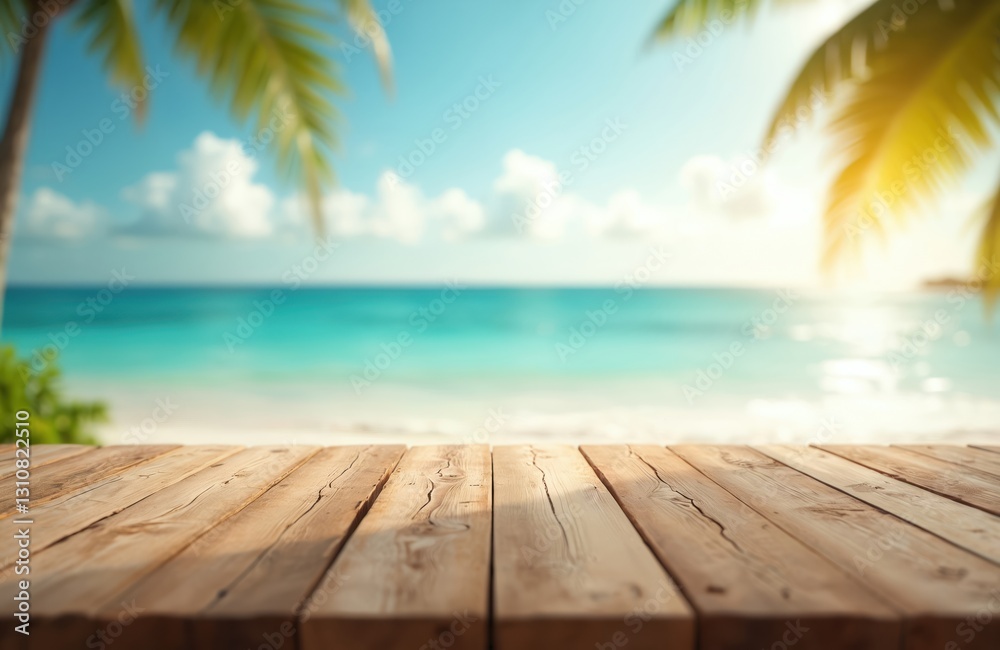 Poster Empty wooden table on blurred tropical beach background. Summer holiday background for product display template. Beautiful blurred coast backdrop with copy space. Design of rustic desk with leaf