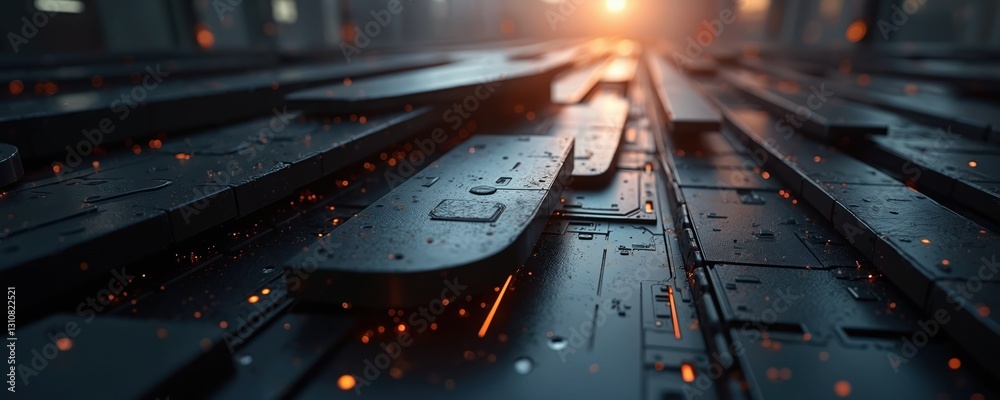 Poster futuristic technology background with dark gray metal blocks array, bright orange light leaks. hi-te