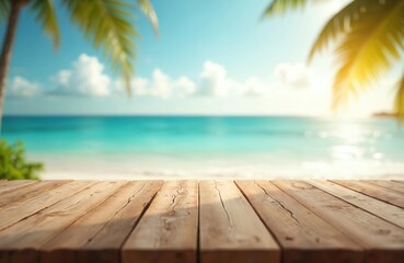 Fototapeta premium Empty wooden table on blurred tropical beach background. Summer holiday background for product display template. Beautiful blurred coast backdrop with copy space. Design of rustic desk with leaf