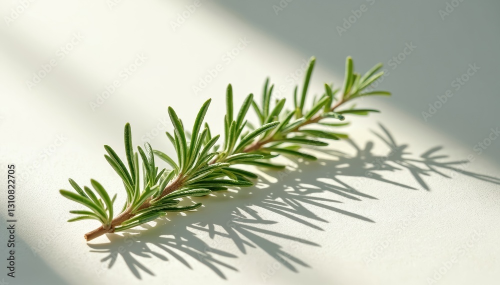 Poster sprig of rosemary casting delicate shadow on white surface. intricate needle structure highlighted b