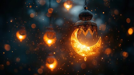 Illuminated crescent moon lantern hanging among twinkling lights, bokeh effect.