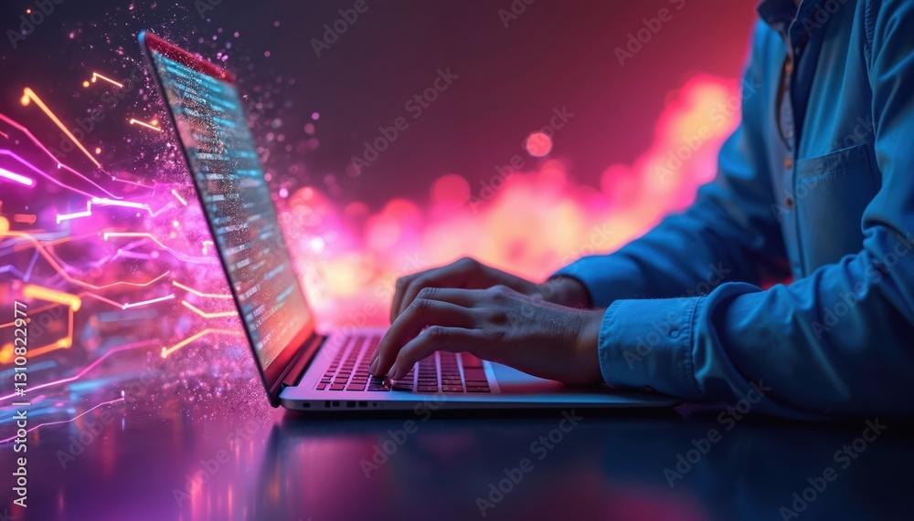 Poster person typing on laptop with colorful neon pink background. the concept of creativity, productivity.
