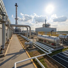 Naklejka premium Industrial Refinery Plant Exterior with Pipes Tanks and Structures