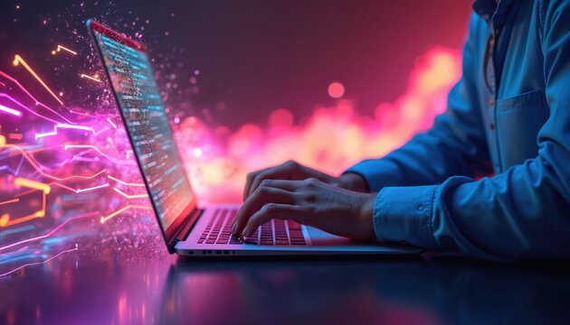 Person typing on laptop with colorful neon pink background. The concept of creativity, productivity. Close-up of male hand working on computer in office, writing code.