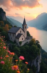 Fototapeta premium Sunrise view of Madonna del Sasso Sanctuary overlooking Lake Maggiore in Orselina, Switzerland. Picturesque landscape, mountain, flowers, famous landmark, tourism in Ticino Canton. Religious building