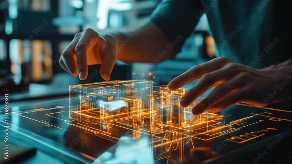 Poster architect manipulating a glowing orange 3d building model on an interactive touchscreen table in a d