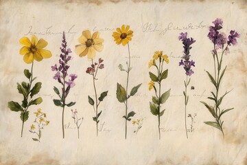 delicate arrangement of pressed wildflowers and herbs in vintage botanical illustration style, meticulously labeled with handwritten script on aged parchment with subtle watercolor washes © julija