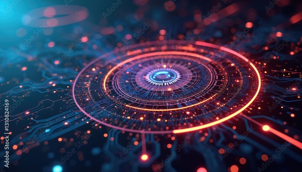 Fototapete Cutting-edge tech background featuring advanced digital network design with high-tech interface elements. Blue, purple gradient colors, futuristic geometric patterns, intricate circuit designs ideal