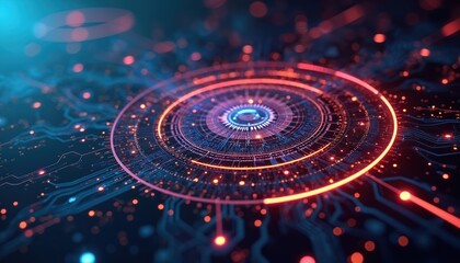 Cutting-edge tech background featuring advanced digital network design with high-tech interface elements. Blue, purple gradient colors, futuristic geometric patterns, intricate circuit designs ideal