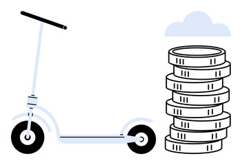 Electric scooter parked next to coins stack under a cloud representing affordable, green travel and economic savings. Ideal for energy efficiency, sustainability, transportation, city commutes